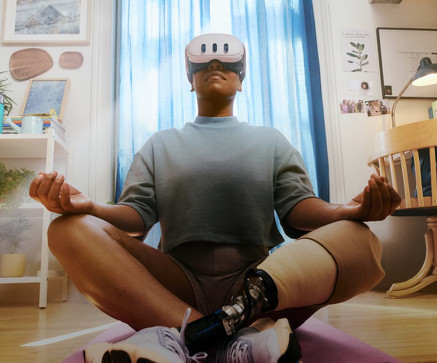 a woman meditating while wearing meta quest 3 ar headset