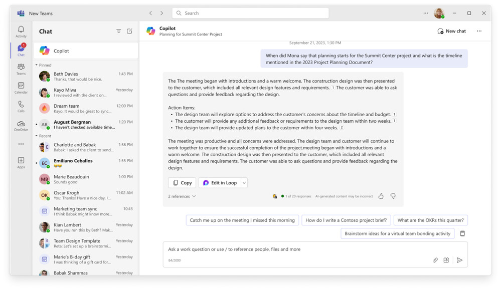 Microsoft Teams copilot chat app