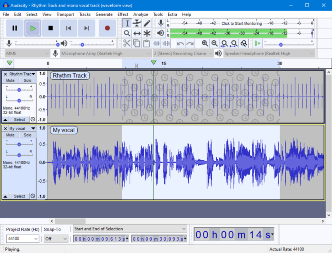 screenshot of a recording session with audacity