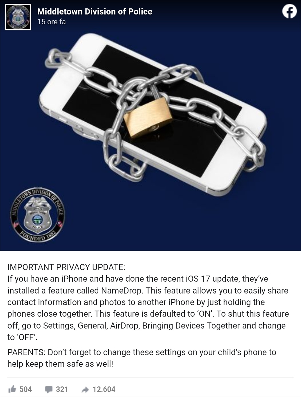 Police warning on Facebook about iOS17 uodate 