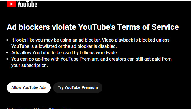 Youtube popup against ad-blockers