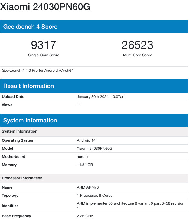 Xiaomi 14 geekbench results